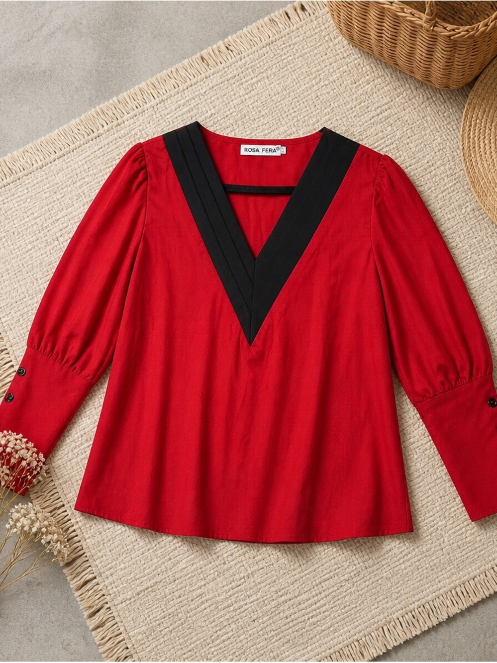 Rosa Fera Red V-Neck Blouse with Black Trim